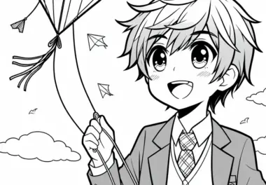 Anime-Junge fliegt begeistert einen Drachen am Himmel – Malvorlage kostenlos