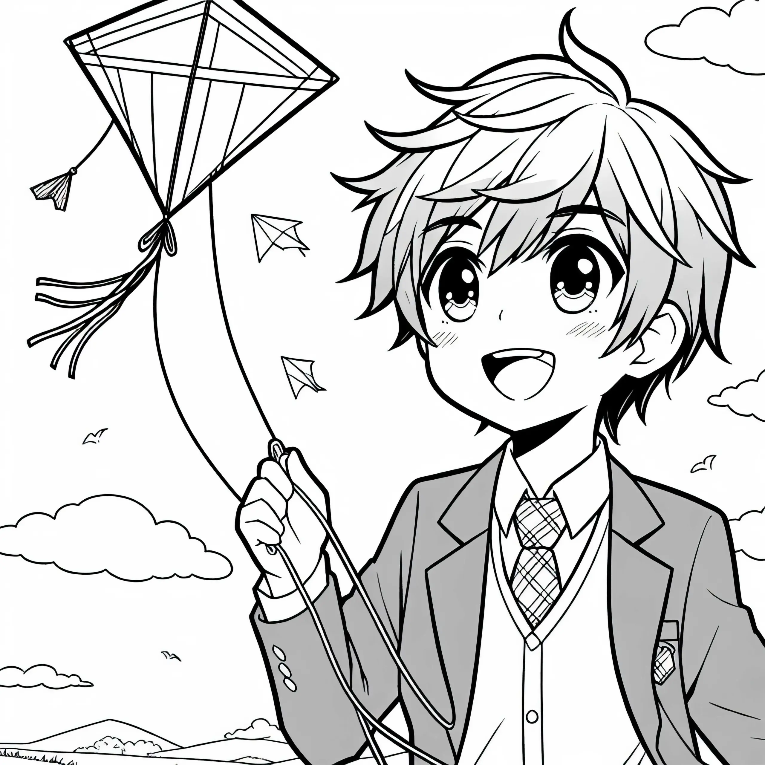 Anime-Junge fliegt begeistert einen Drachen am Himmel – Malvorlage kostenlos (Ausmalbild)
