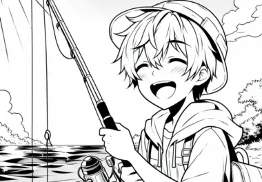 Anime Junge hält Angel am sonnigen Flussufer und freut sich über den Fang – Ausmalbild kostenlos