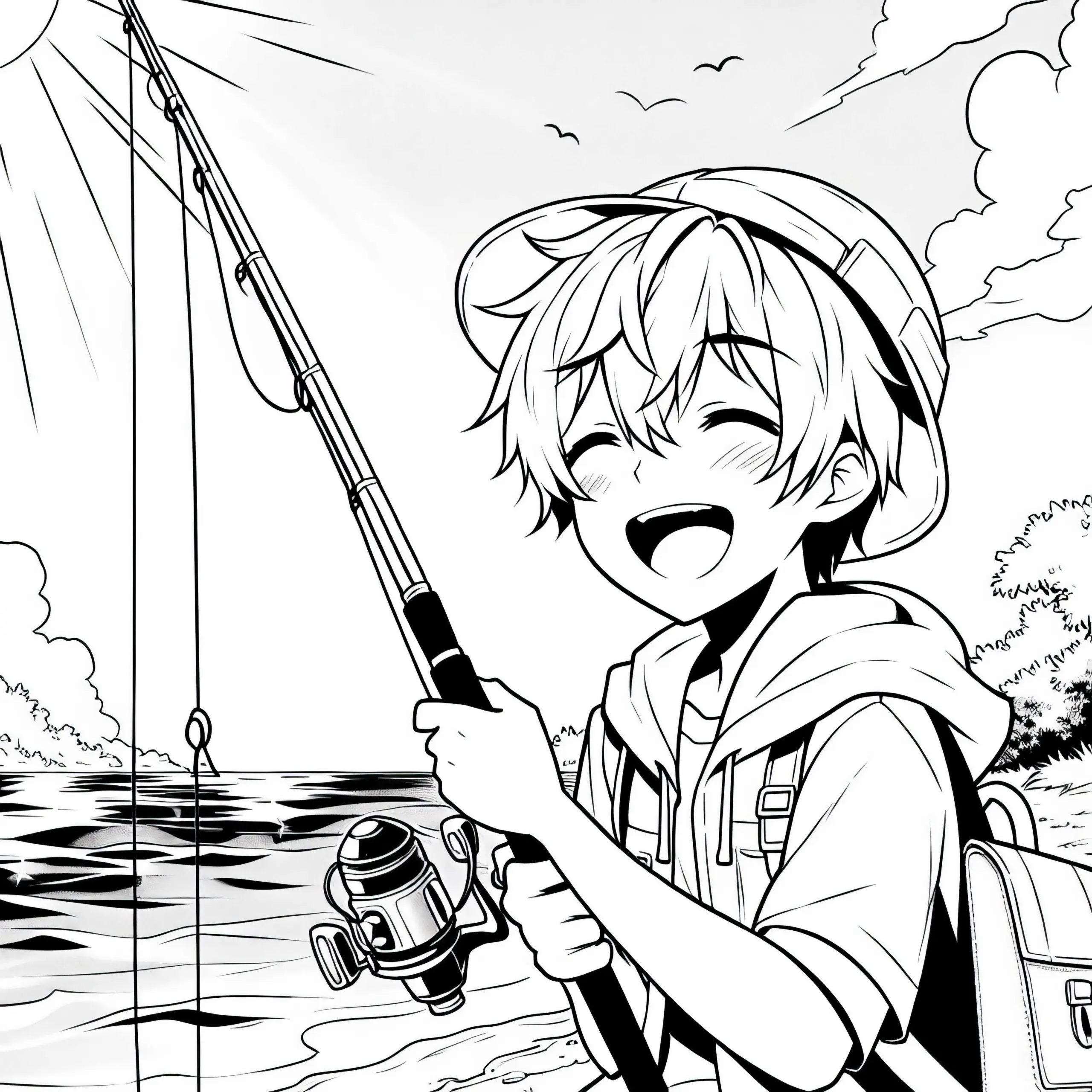 Anime Junge hält Angel am sonnigen Flussufer und freut sich über den Fang – Ausmalbild kostenlos