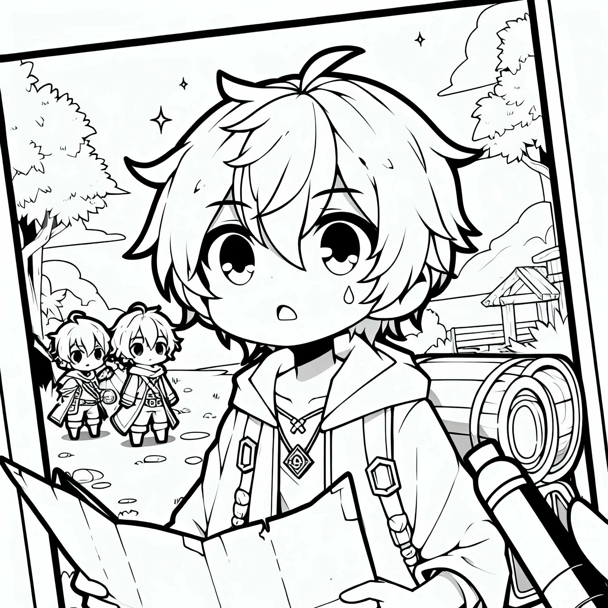 Anime-Junge hält Schatzkarte bei Abenteuerreise – Malvorlage gratis (Ausmalbild)