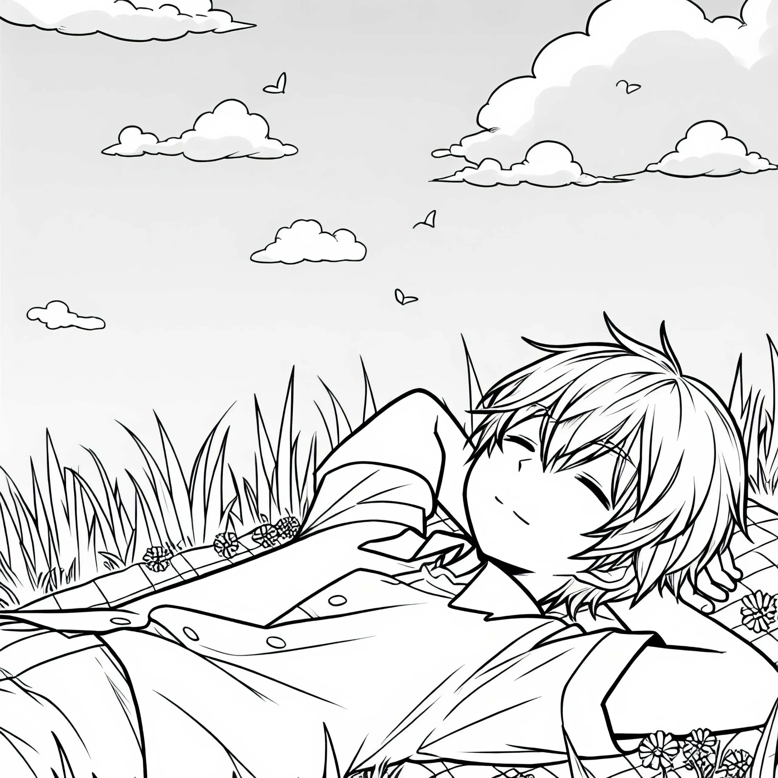 Anime Junge Liegt Im Gras Und Beobachtet Verträumt Vorbeiziehende Wolken – Ausmalbild Kostenlos
