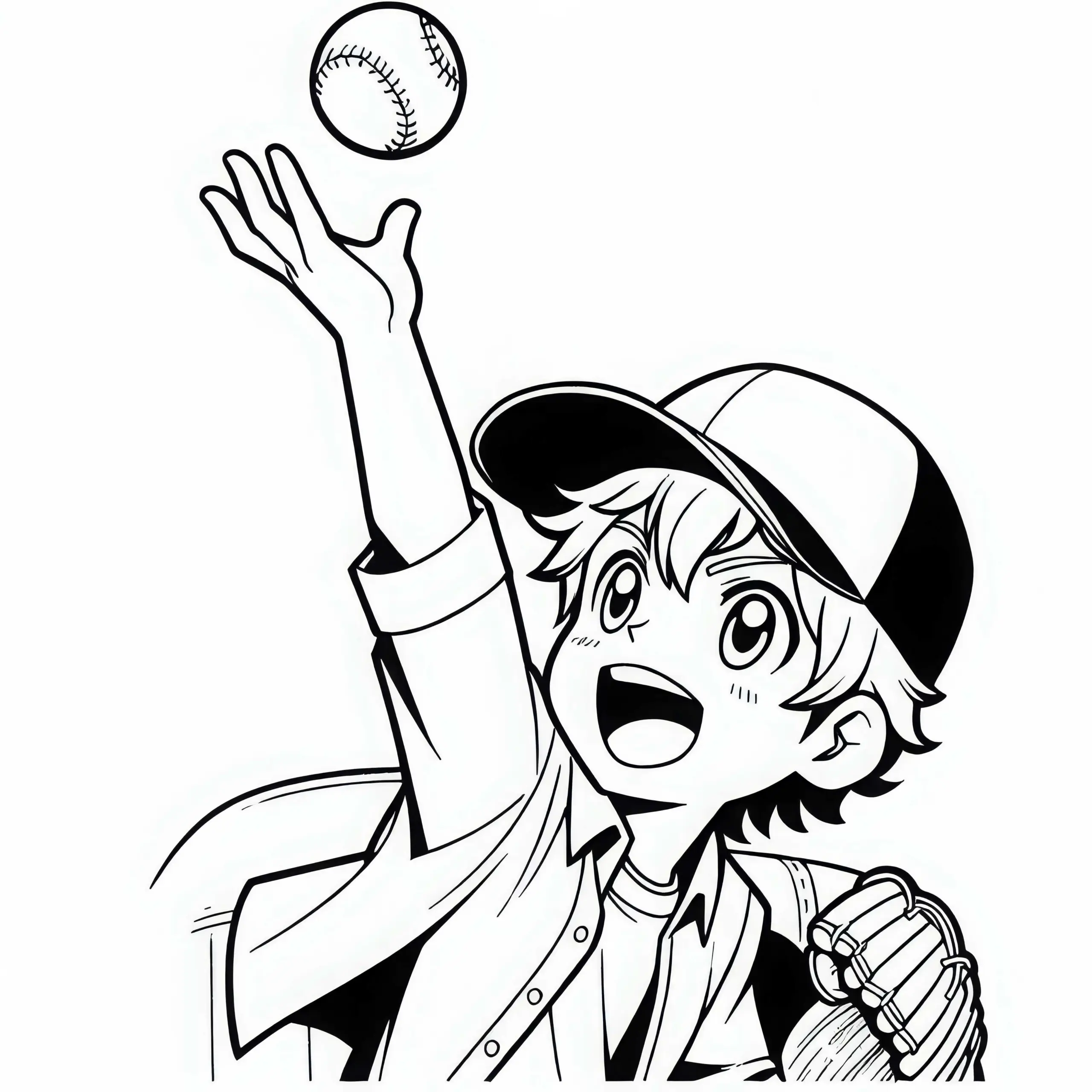 Anime Junge mit Baseballkappe wirft begeistert Ball – Ausmalbild gratis