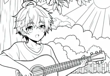 Anime-Junge spielt konzentriert Gitarre unter Baum – Ausmalbild gratis