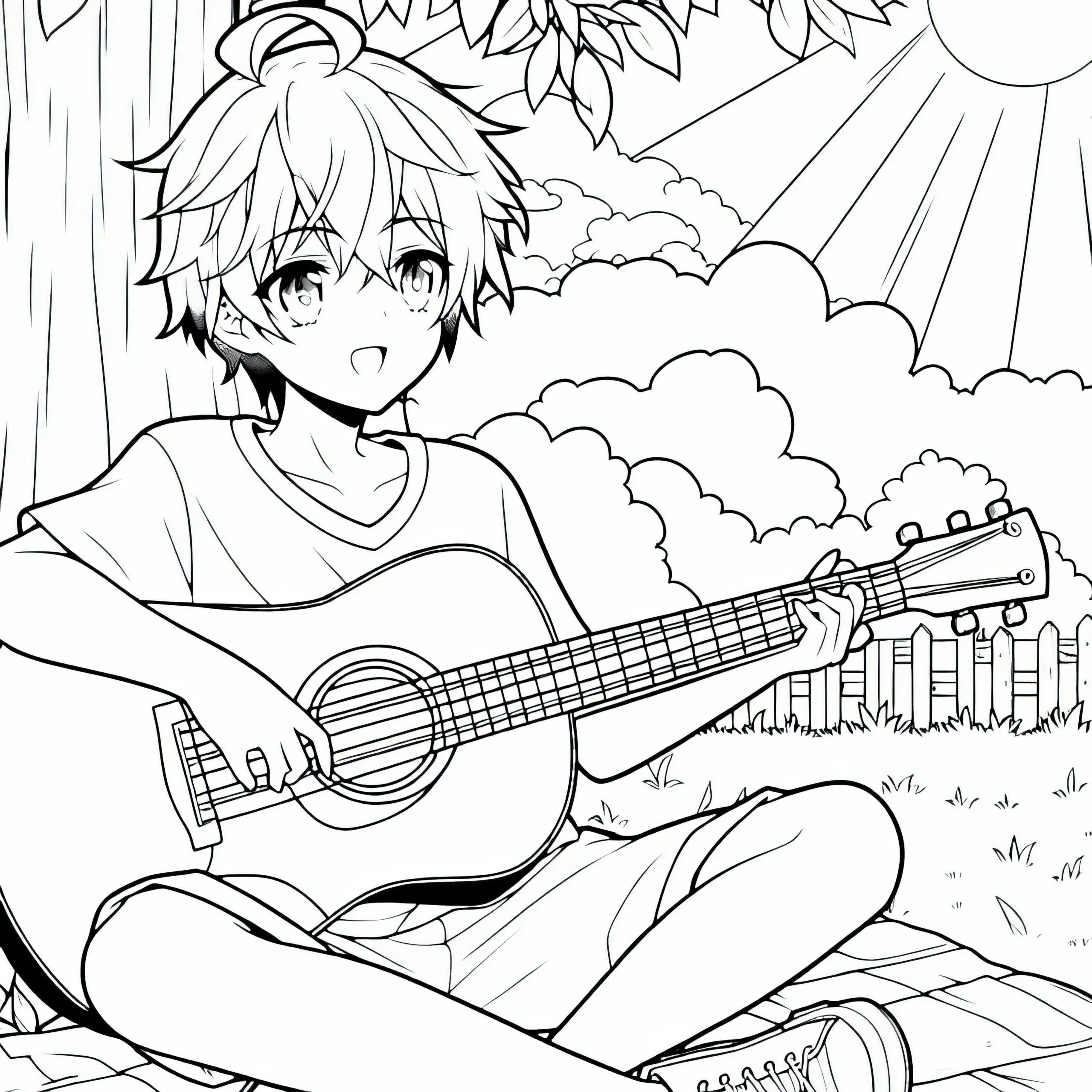 Anime-Junge spielt konzentriert Gitarre unter Baum – Ausmalbild gratis