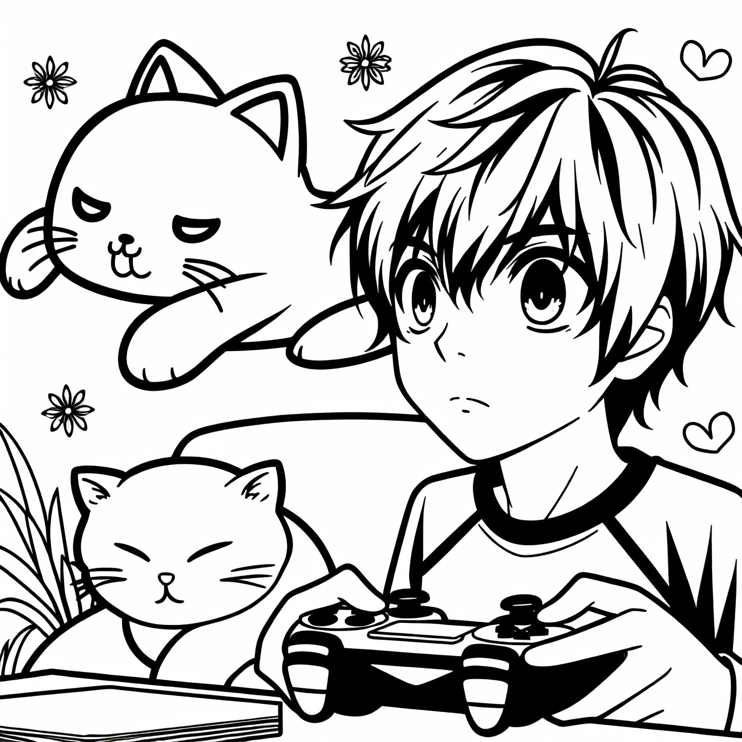 Anime-Junge spielt konzentriert Videospiel, während niedliche Katze neben ihm schläft – Malvorlage gratis (Ausmalbild)