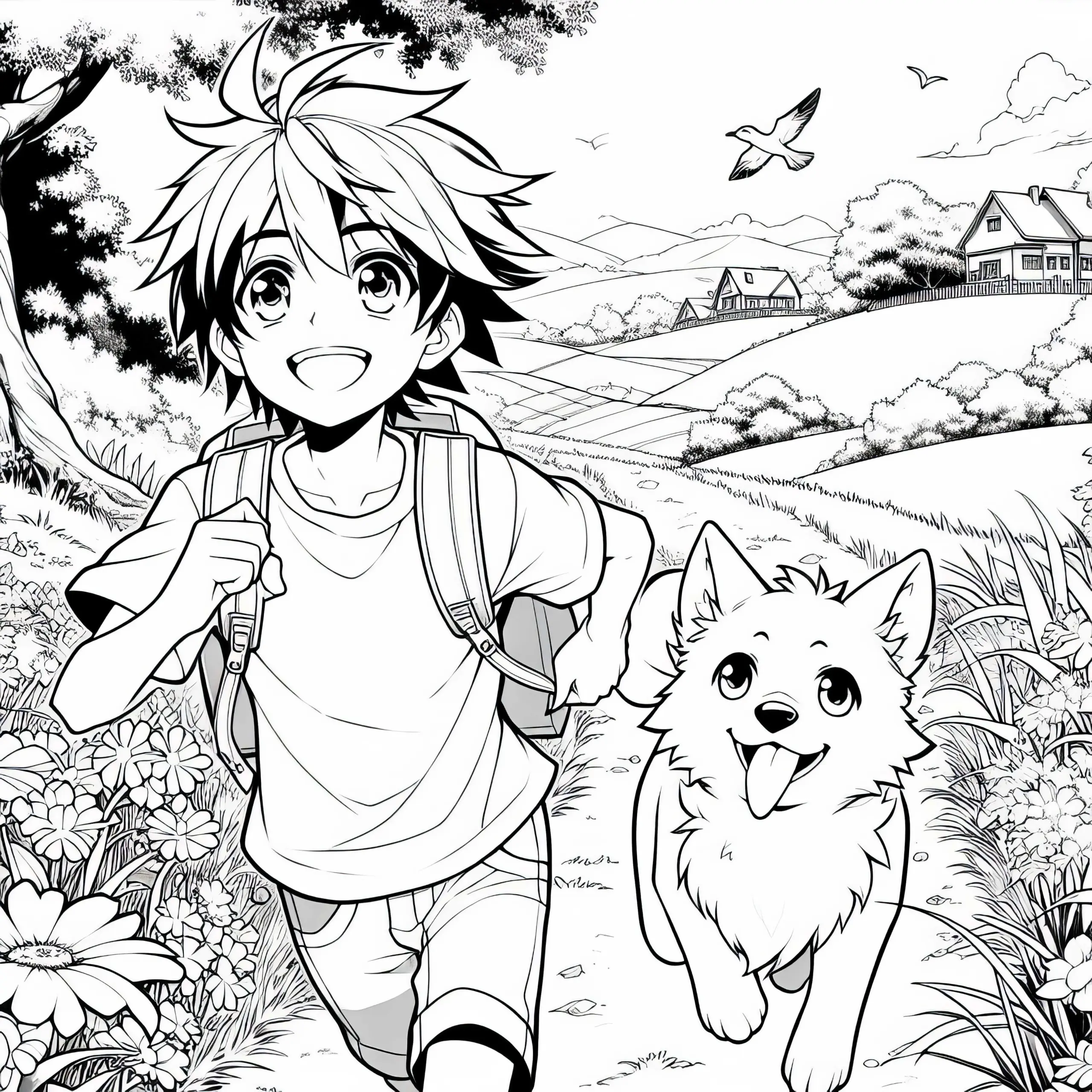 Anime Junge und Hund Rennen Durch Idyllische Sommerlandschaft – Malvorlage Gratis (Ausmalbild)