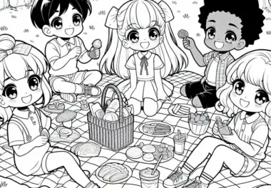 Anime Kinder genießen fröhliches Picknick auf Decke in der Natur – Ausmalbild kostenlos