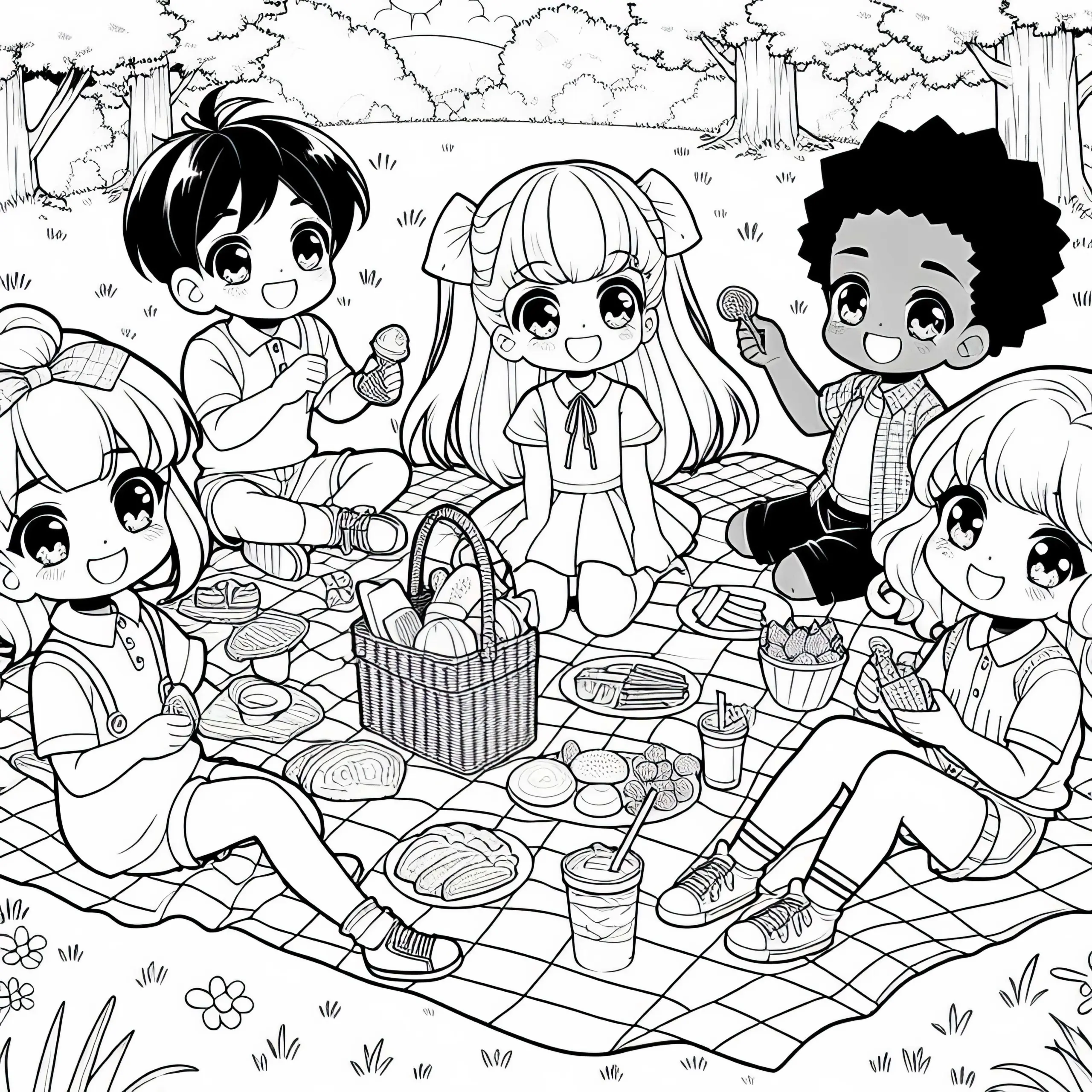 Anime Kinder genießen fröhliches Picknick auf Decke in der Natur – Ausmalbild kostenlos