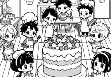 Anime-Kinder helfen, einen großen Obstkuchen in der Küche zu backen – Ausmalbild kostenlos