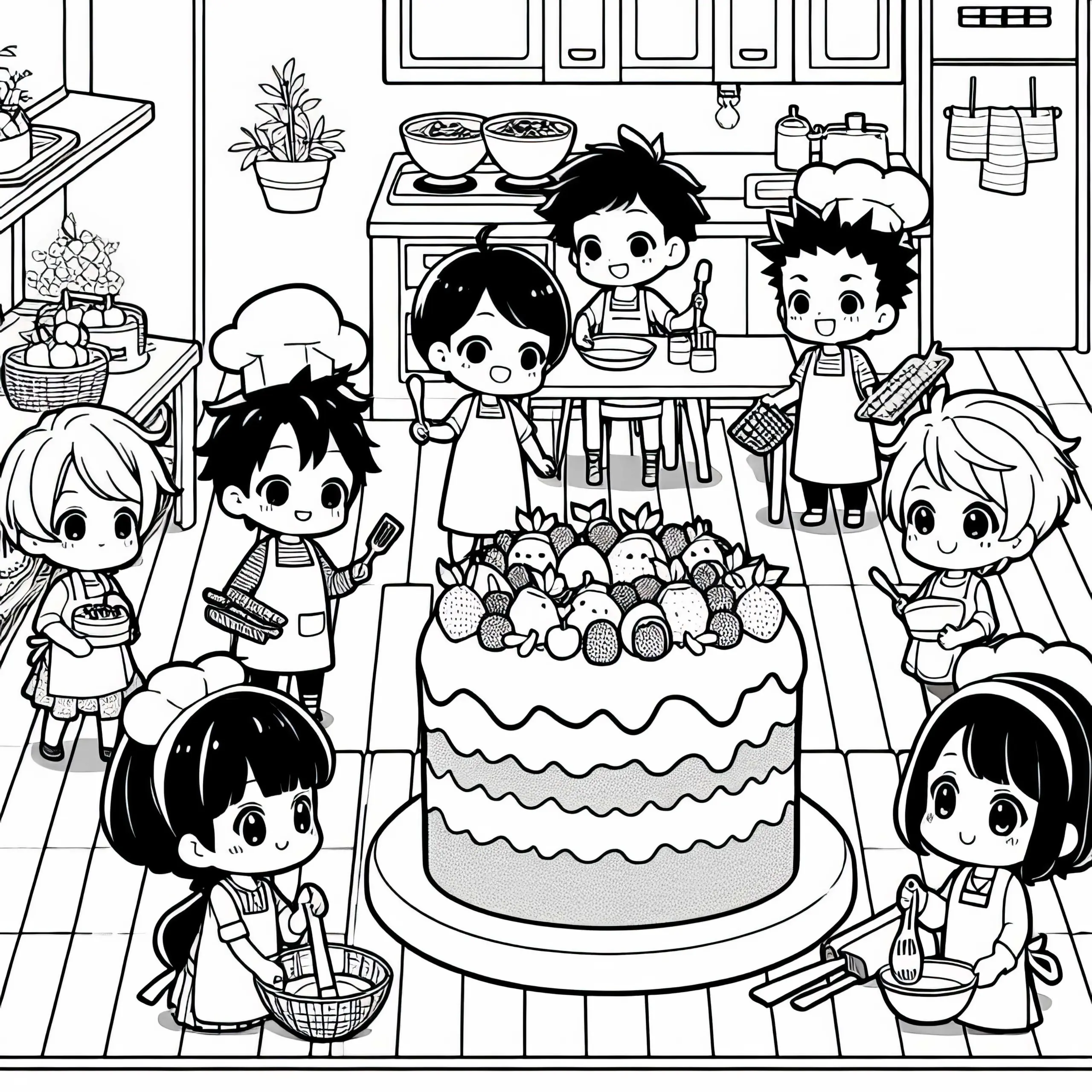 Anime-Kinder helfen, einen großen Obstkuchen in der Küche zu backen – Ausmalbild kostenlos