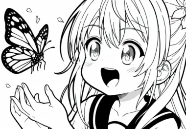 Anime-Mädchen beobachtet begeistert einen Schmetterling – Malvorlage gratis