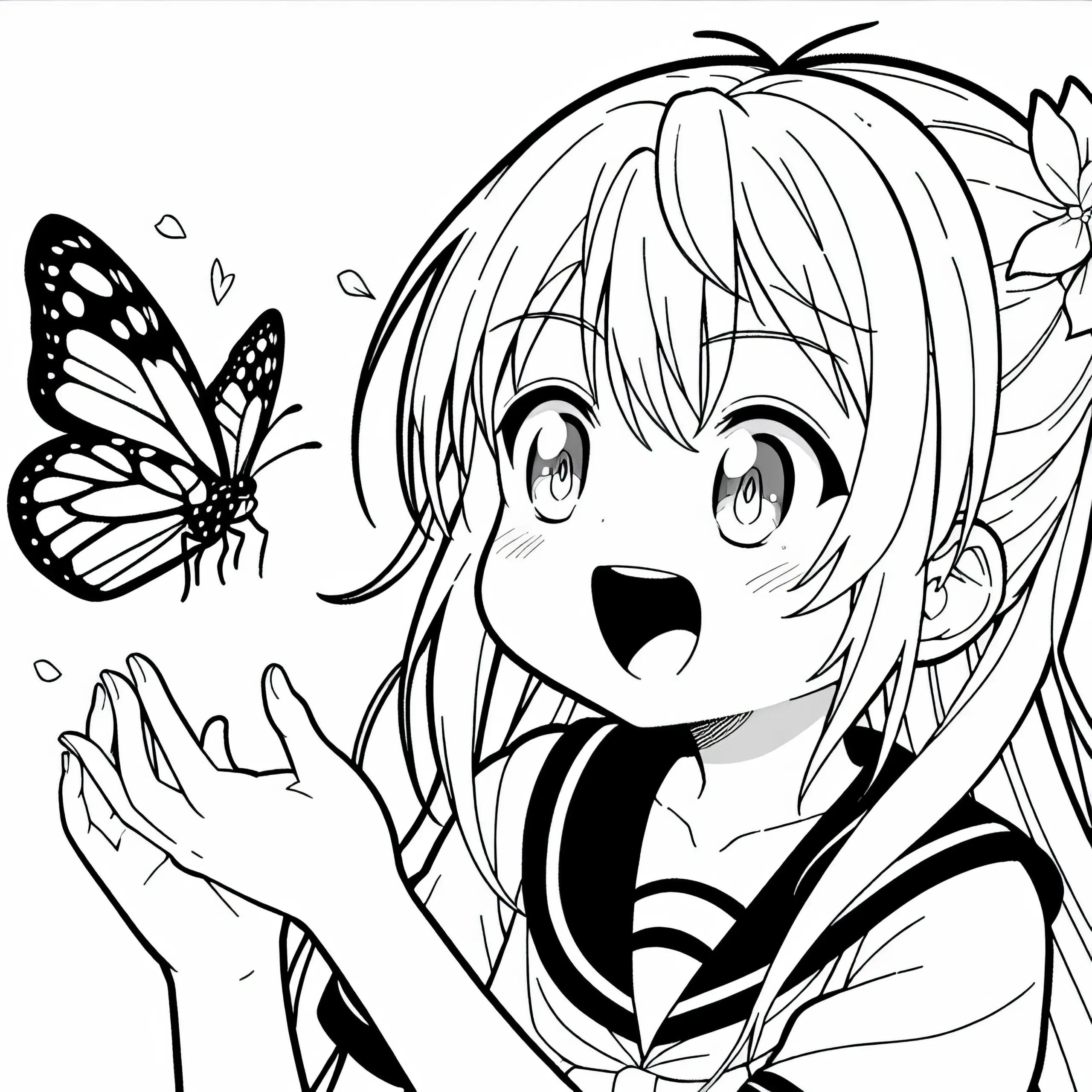 Anime-Mädchen beobachtet begeistert einen Schmetterling – Malvorlage gratis (Ausmalbild)