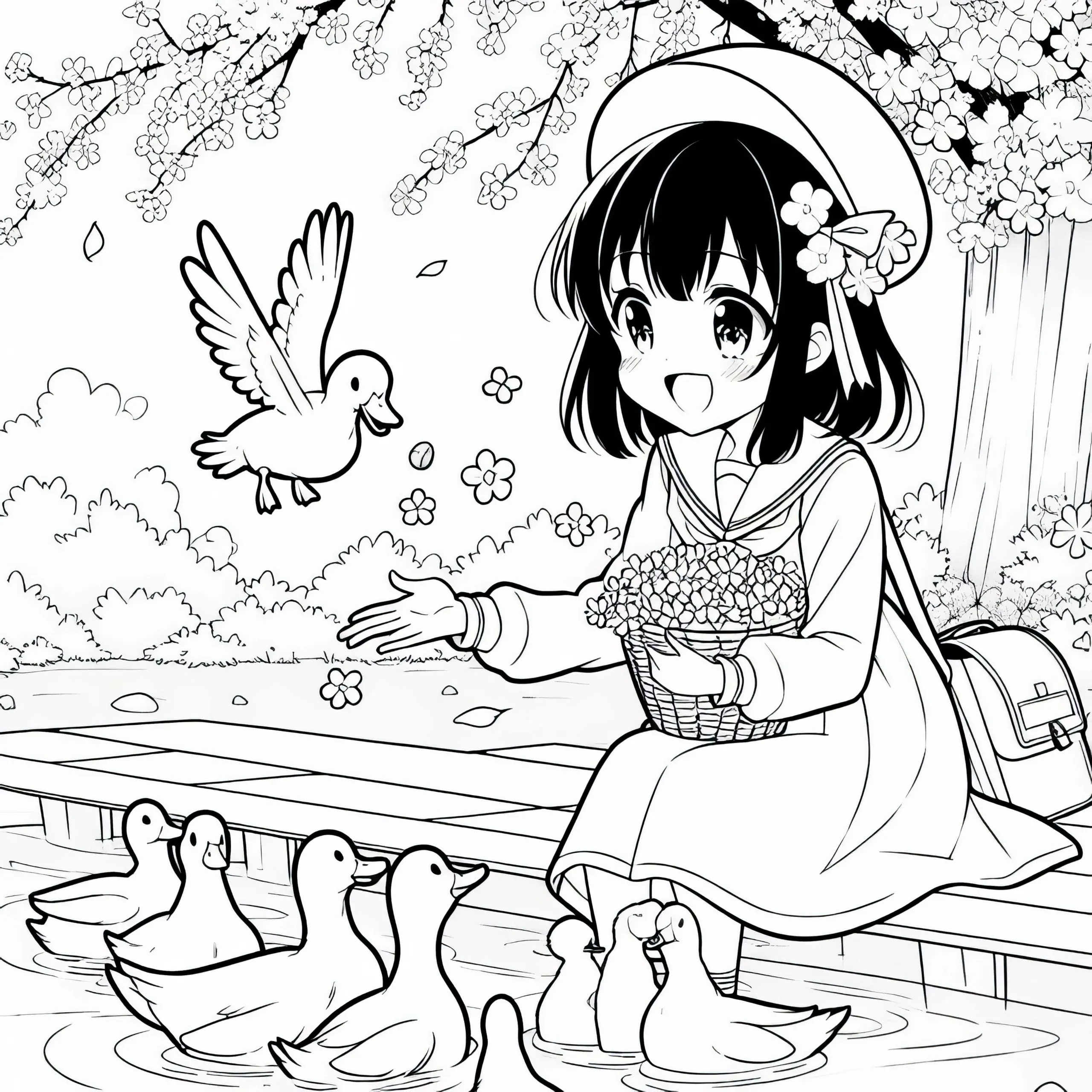 Anime-Mädchen füttert glücklich Enten am Teich im Frühling – Ausmalbild kostenlos