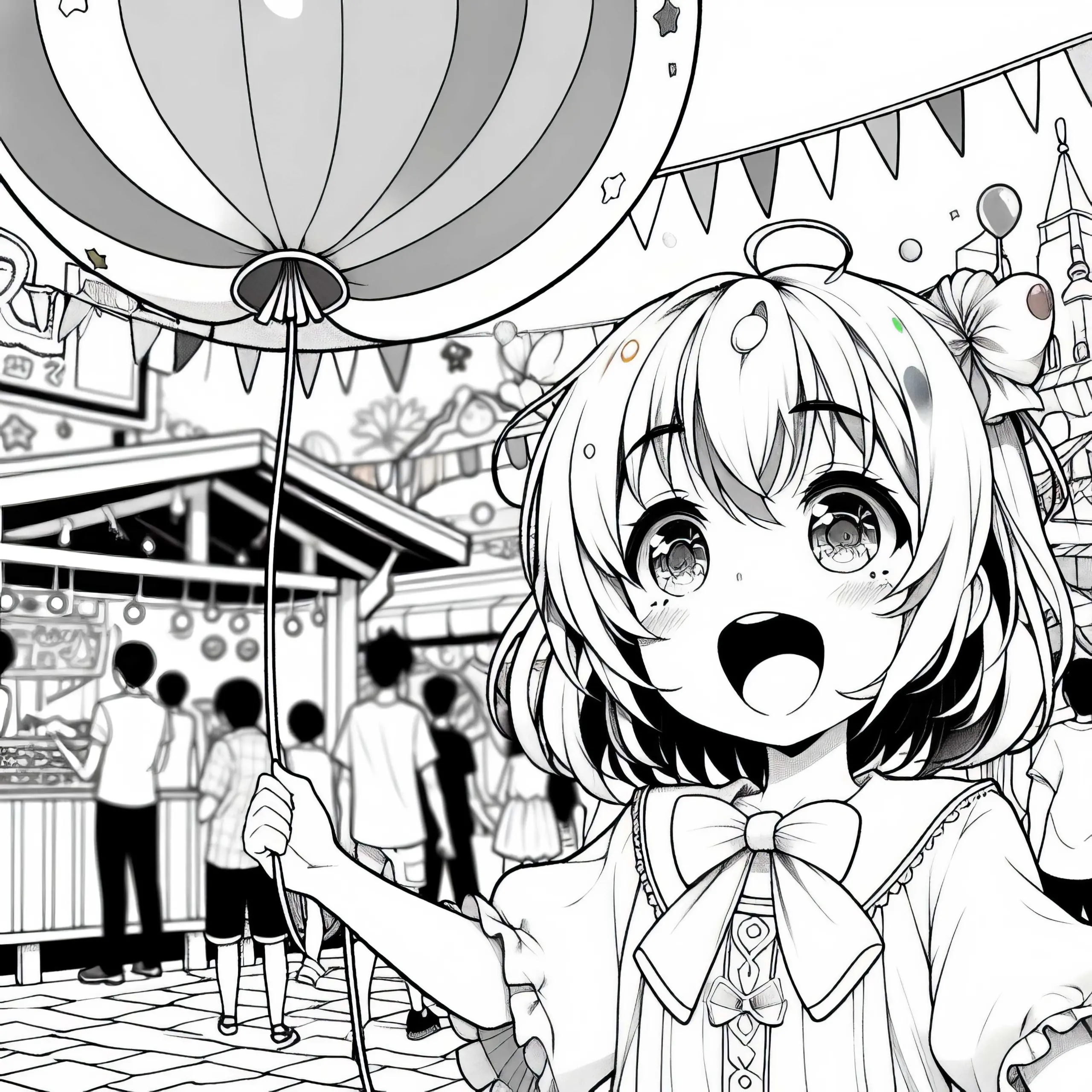 Anime-Mädchen hält begeistert Ballon auf sommerlichem Straßenfest – Ausmalbild gratis