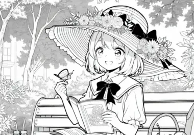 Anime-Mädchen mit großem Sonnenhut liest entspannt auf Bank im Garten – Malvorlage gratis
