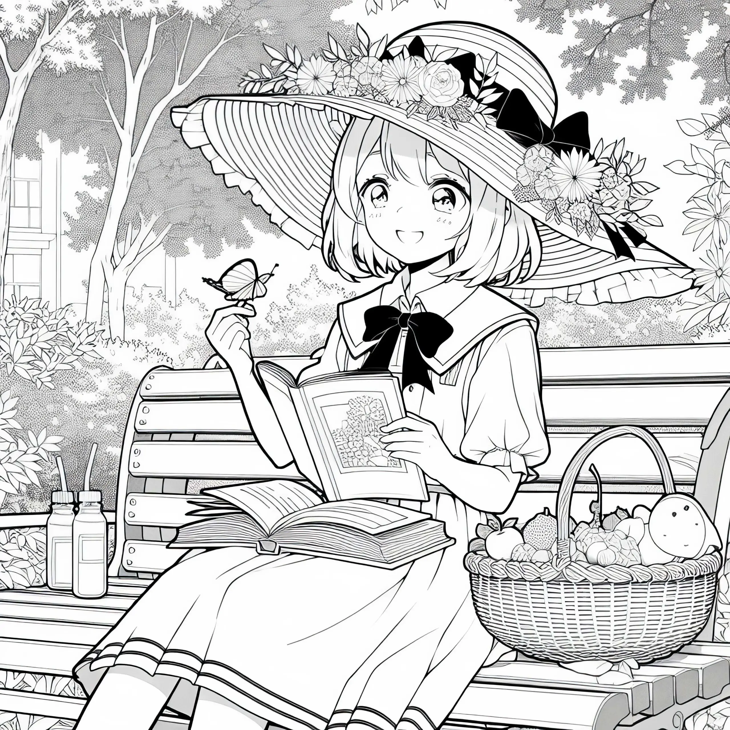 Anime-Mädchen mit großem Sonnenhut liest entspannt auf Bank im Garten – Malvorlage gratis (Ausmalbild)
