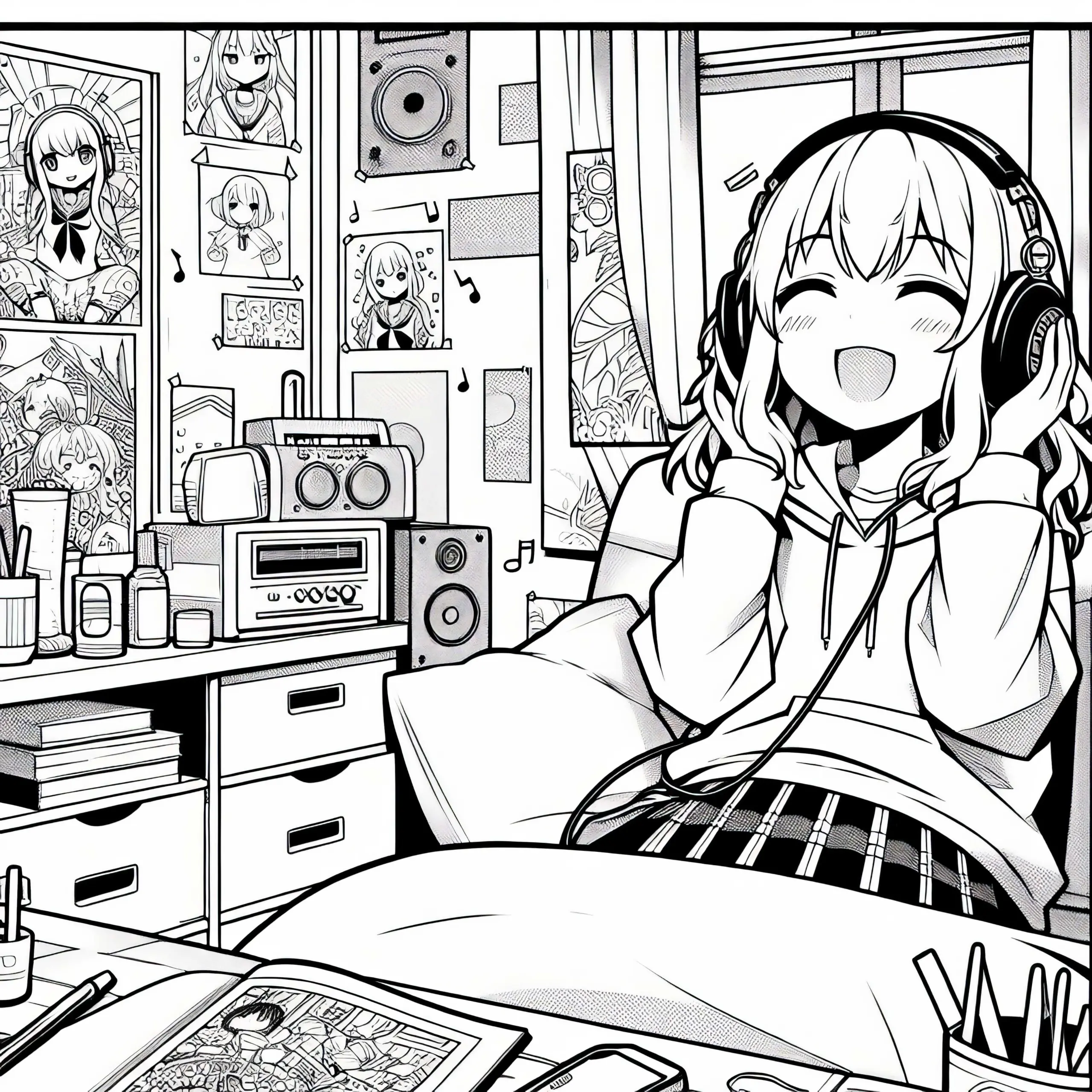 Anime Mädchen mit Kopfhörern hört Musik in ihrem Zimmer mit Postern – Malvorlage Kostenlos (Ausmalbild)