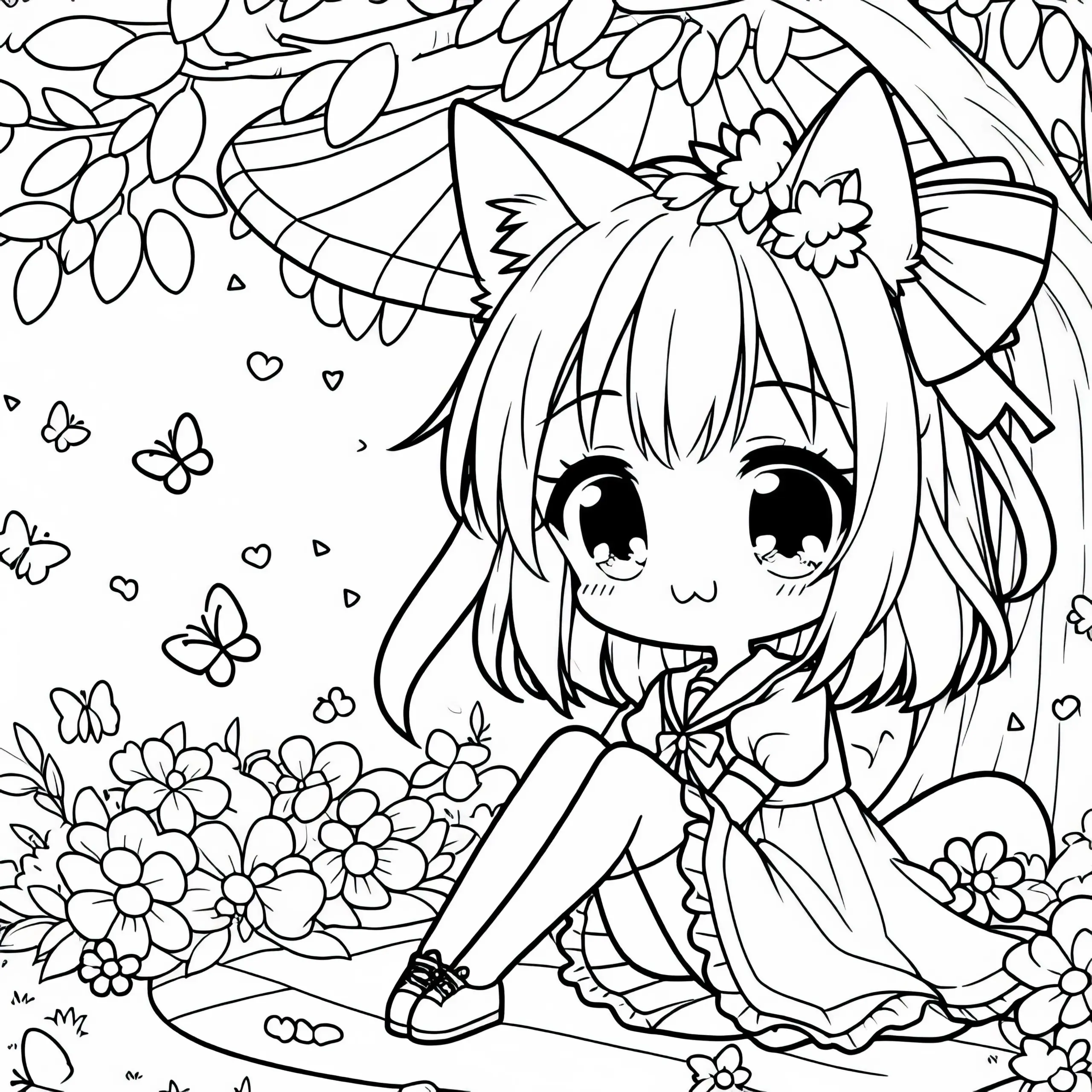 Anime Mädchen mit niedlichen Tierohren sitzt unter Baum – Ausmalbild kostenlos