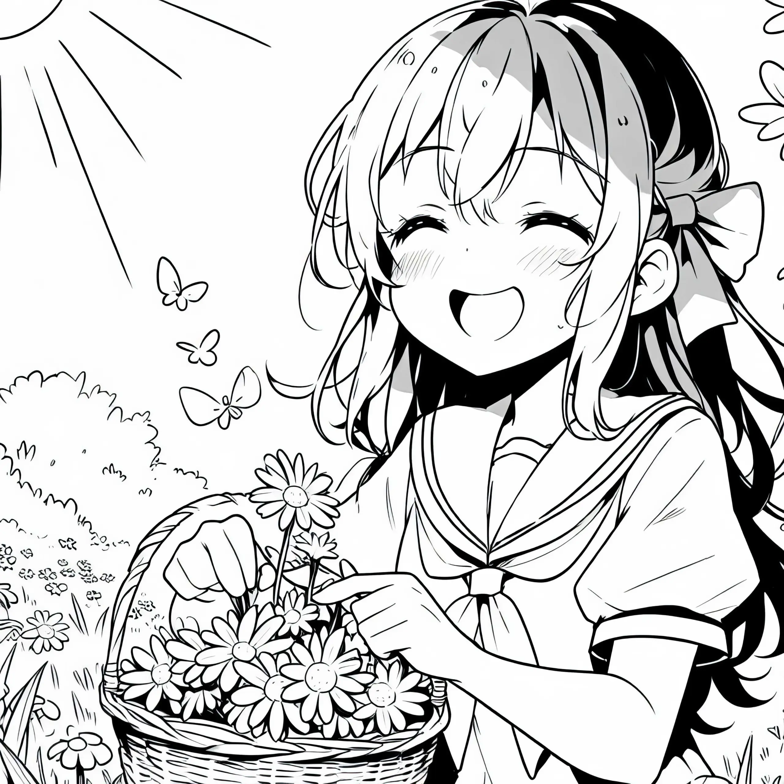 Anime-Mädchen pflückt lächelnd Blumen auf sonniger Wiese – Malvorlage gratis (Ausmalbild)