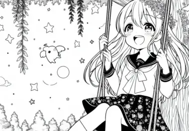 Anime-Mädchen sitzt lachend auf Schaukel an großem Baum – Ausmalbild kostenlos