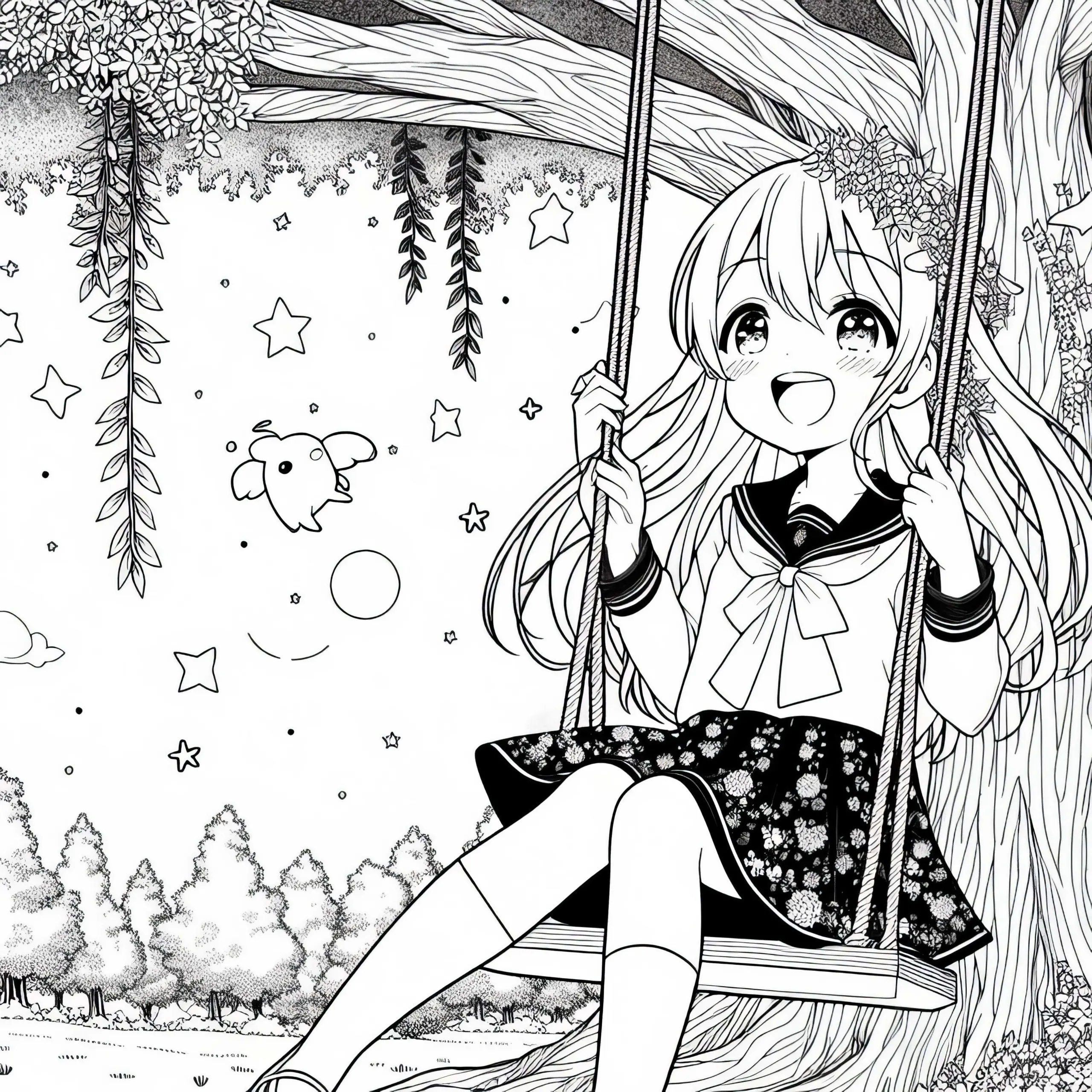 Anime-Mädchen sitzt lachend auf Schaukel an großem Baum – Ausmalbild kostenlos