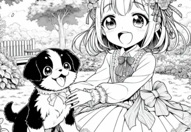 Anime-Mädchen spielt lachend mit süßem Hundewelpen im Garten – Malvorlage gratis