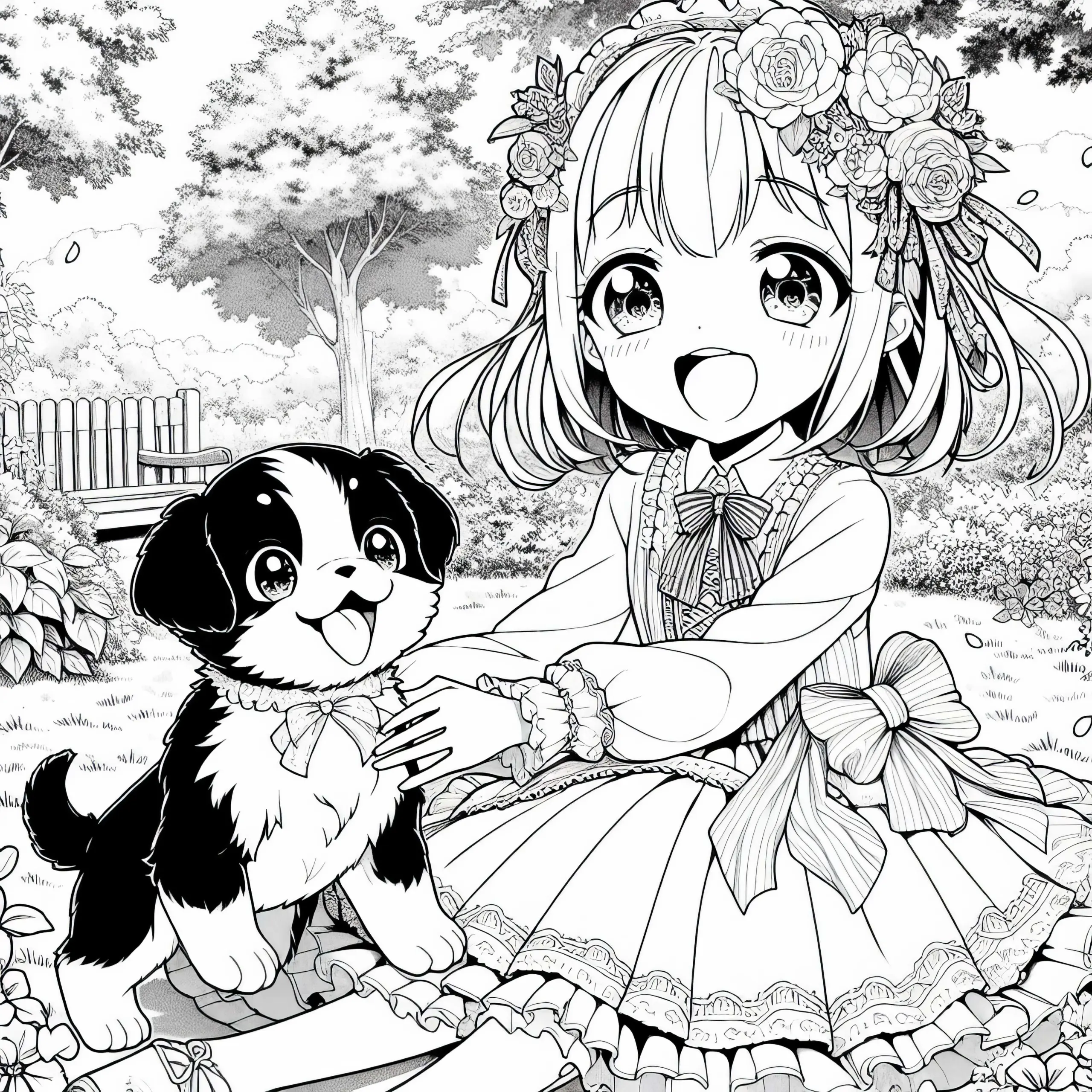 Anime-Mädchen spielt lachend mit süßem Hundewelpen im Garten – Malvorlage gratis (Ausmalbild)