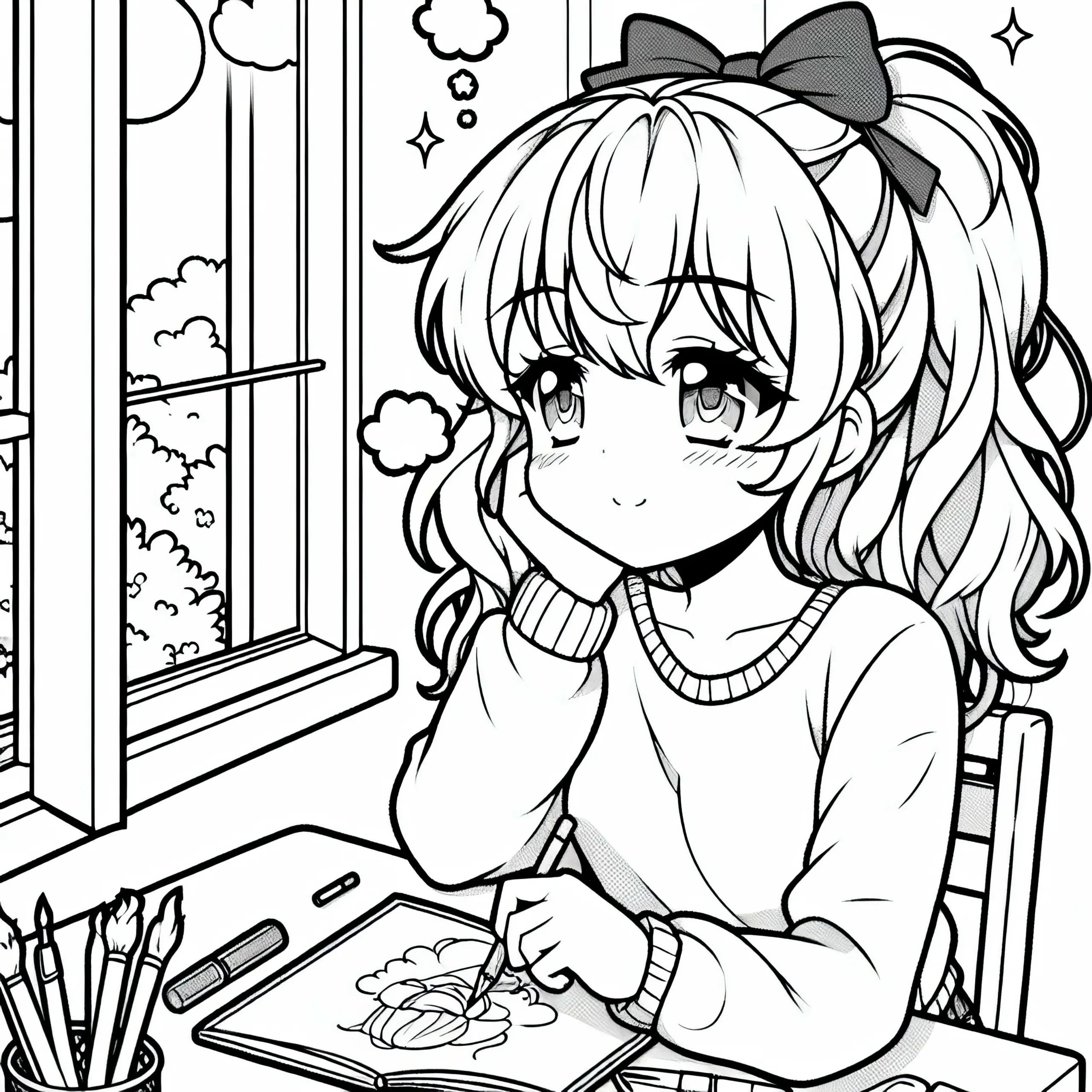 Anime-Mädchen zeichnet verträumt in Skizzenbuch – Ausmalbild kostenlos