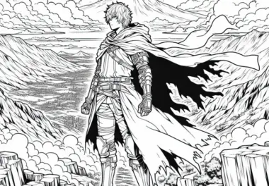 Anime-Szene mit Kämpfer auf Berg – Malvorlage für Jungs ab zwölf