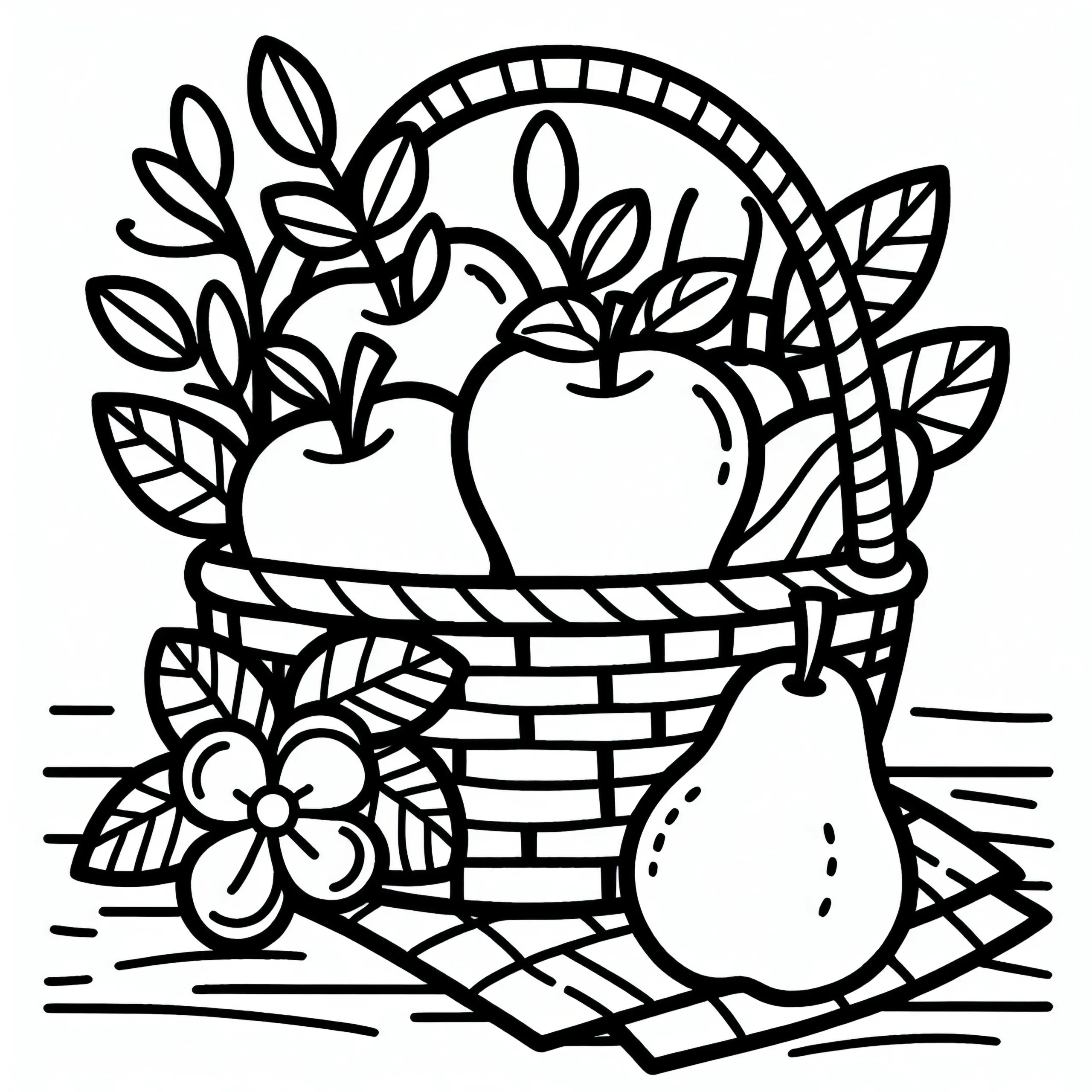 Apfel und Birnen im Korb zum Erntedankfest: Malvorlage zum Download (Kostenlos) (Ausmalbild)