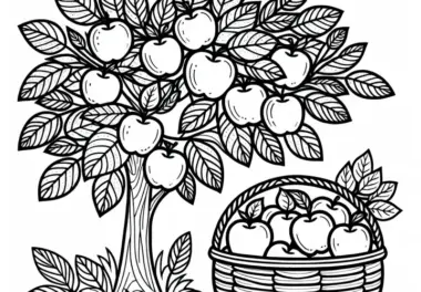 Ausmalbild eines Apfelbaums mit reifen Früchten und vollem Korb darunter im Herbst