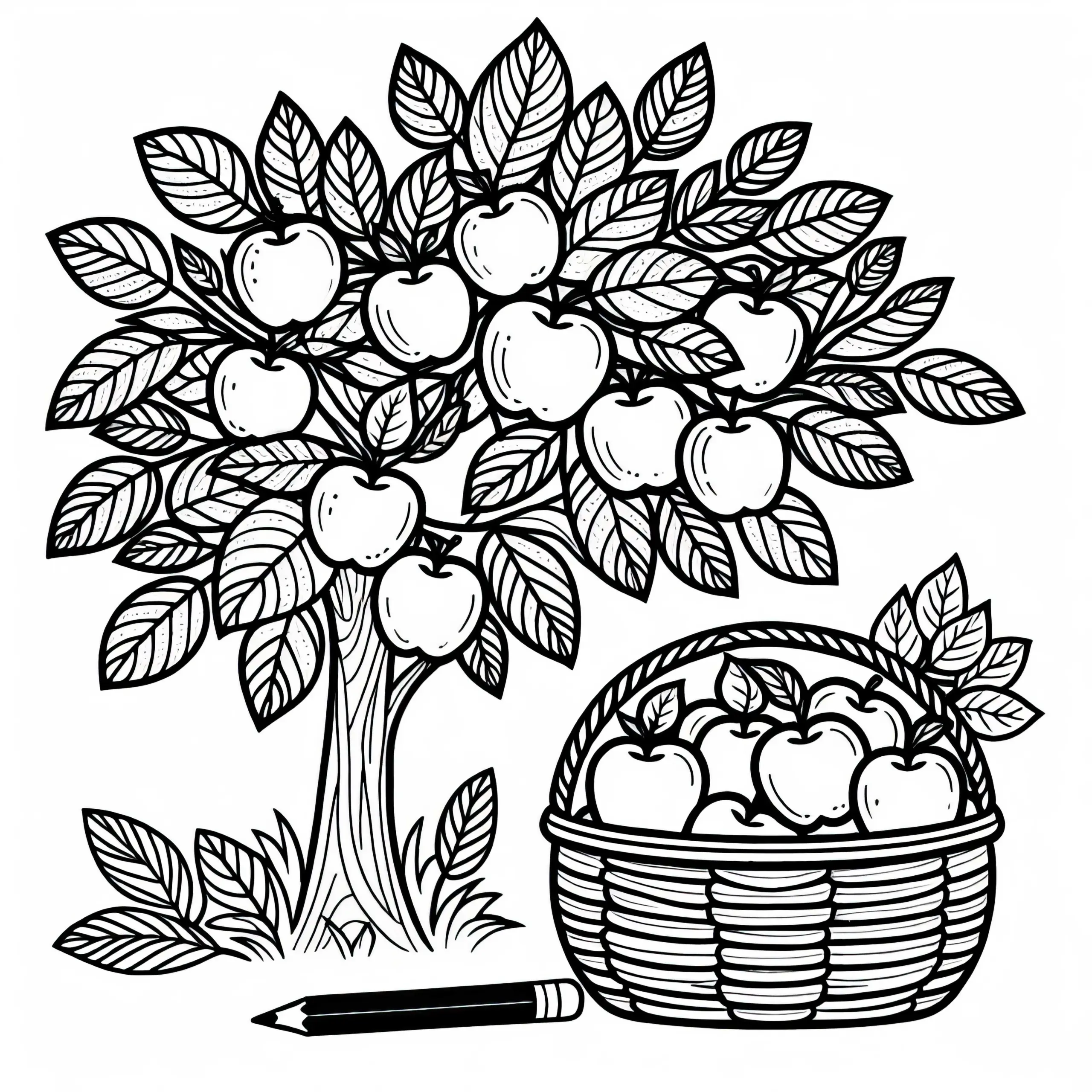 Ausmalbild eines Apfelbaums mit reifen Früchten und vollem Korb darunter im Herbst