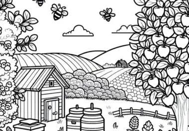 Apfelbaumgarten mit Bienenstöcken – Malvorlage aus einer Dorflandschaft