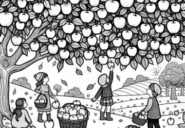 Apfelernte im Obstgarten: Kinder pflücken Äpfel vom Baum – Ausmalbild Herbsternte gratis