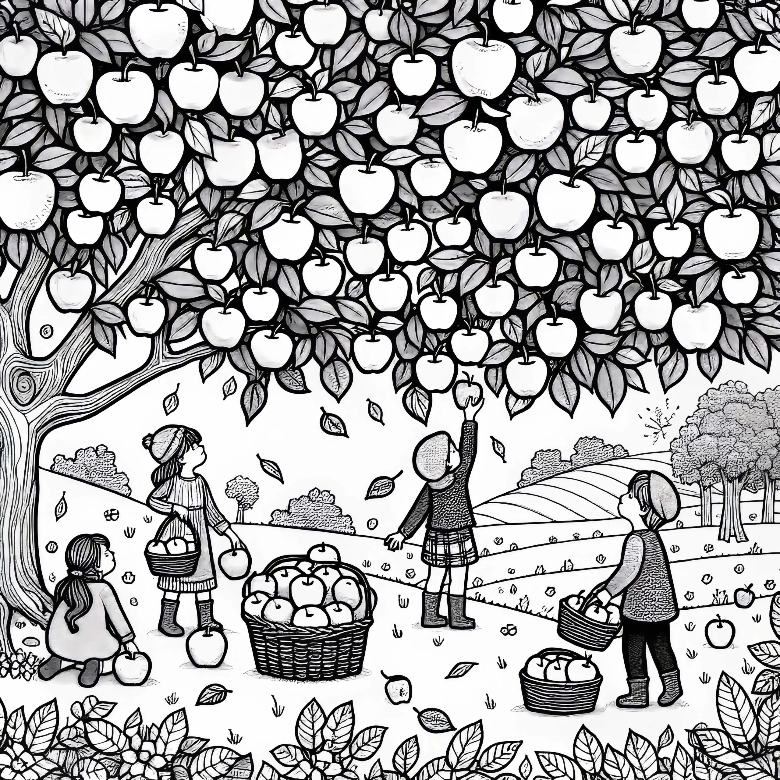 Apfelernte im Obstgarten: Kinder pflücken Äpfel vom Baum – Ausmalbild Herbsternte gratis