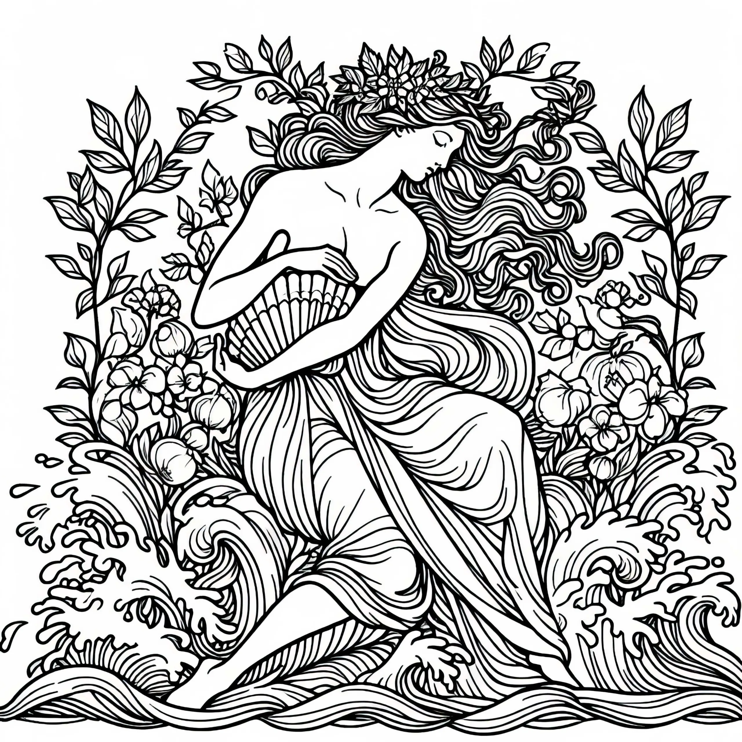 Aphrodite – Aus den Wellen geboren mit Muschel – Malvorlage Griechische Mythologie Kostenlos (Ausmalbild)