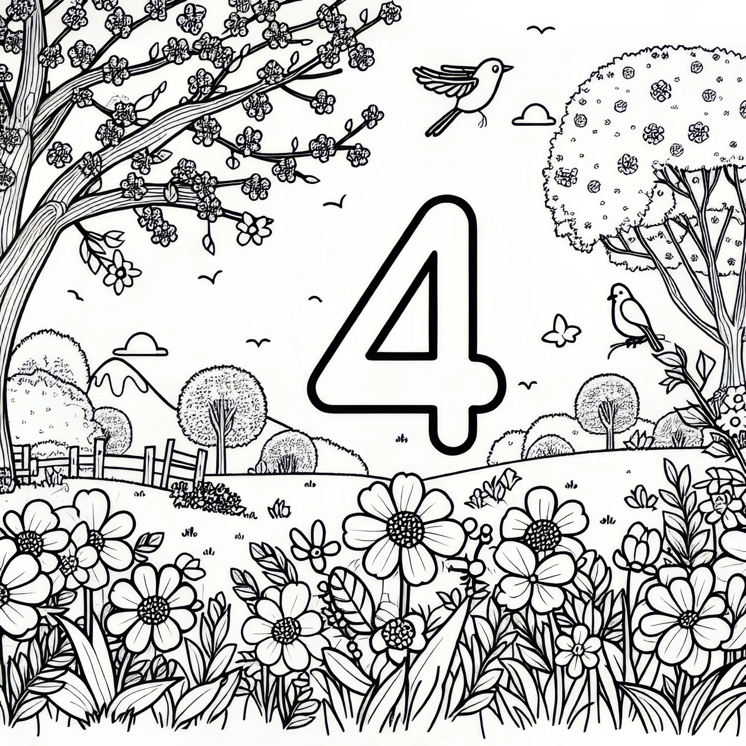 April Ausmalbild mit Zahl 4 in Frühlingslandschaft: Jetzt herunterladen und ausmalen (Gratis)