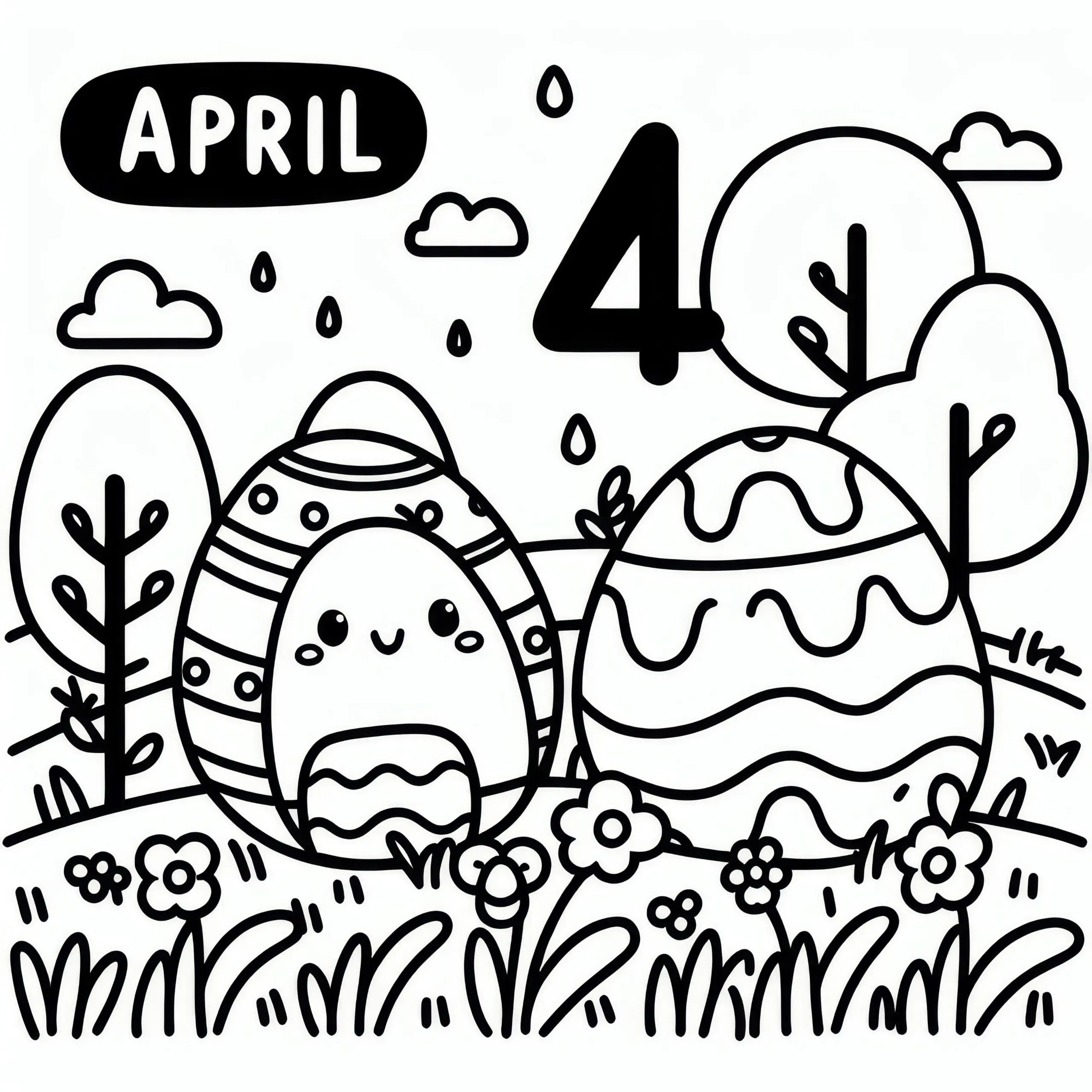 April Malvorlage mit der Zahl 4 mit Osterei: Kostenloser Download (Ausmalbild)