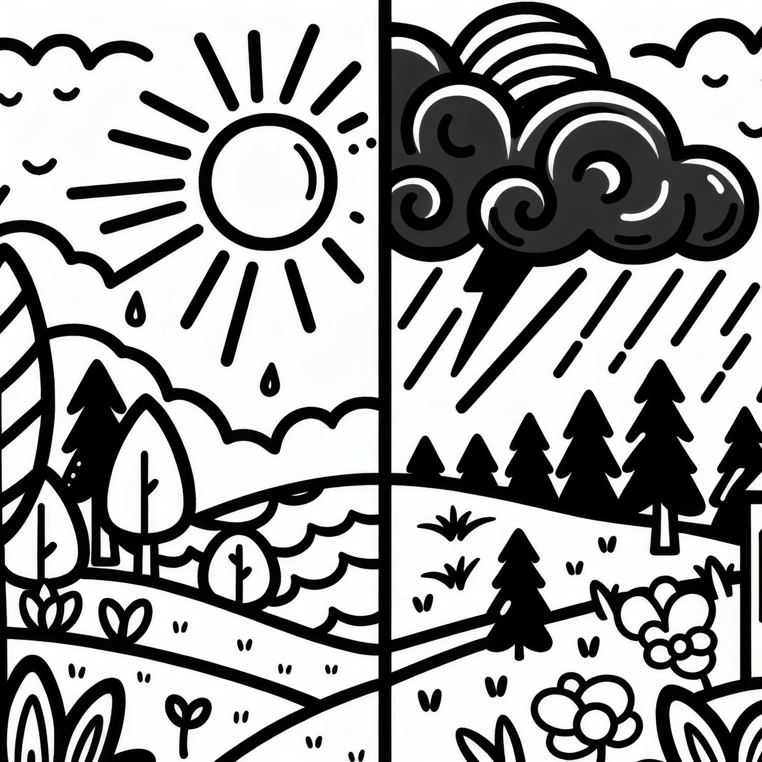 Aprilwetter mit Sonne und Sturm: Ausmalbild zum Download (Gratis)