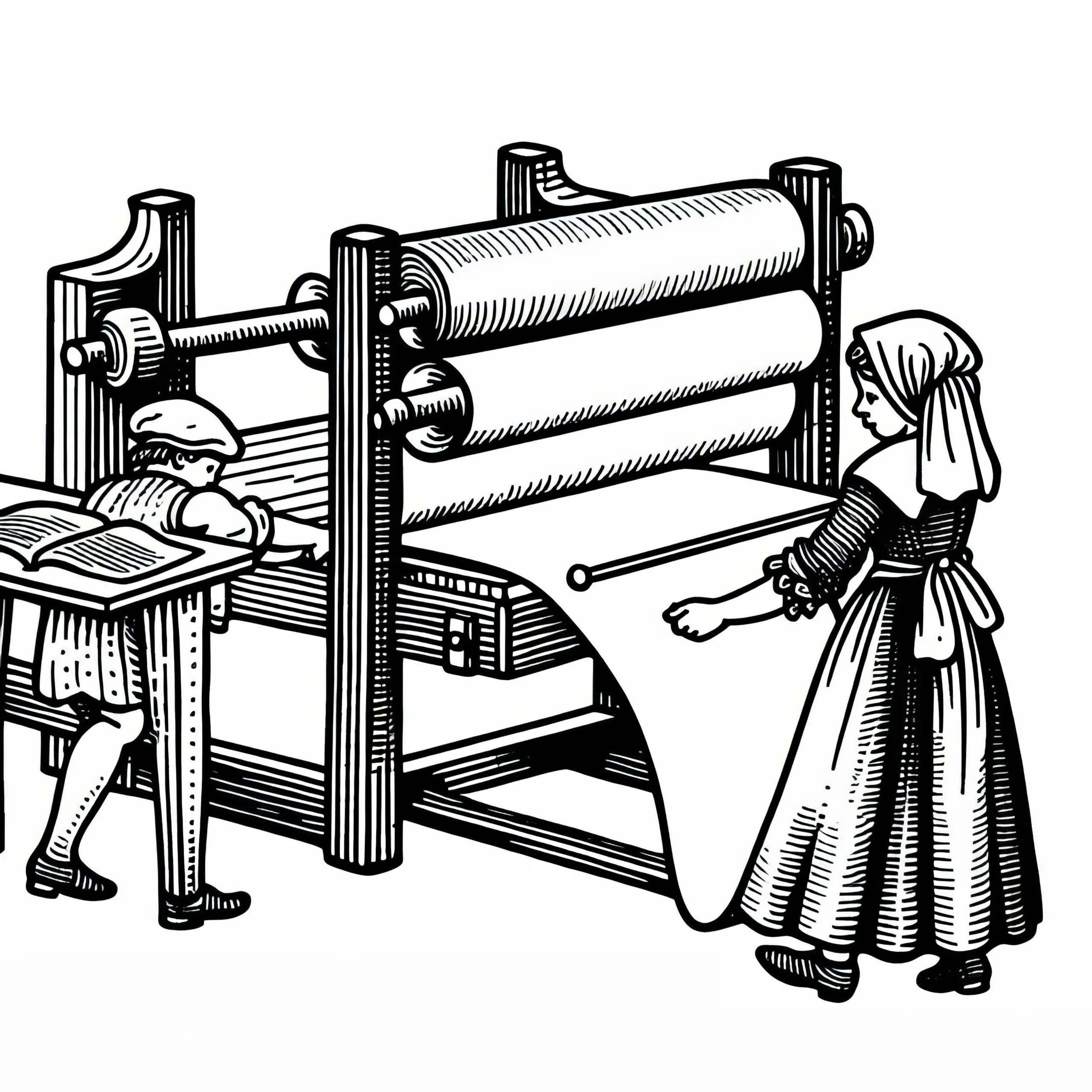 Arbeit an der Druckerpresse – Malvorlage Buchdruck Kostenlos (Ausmalbild)