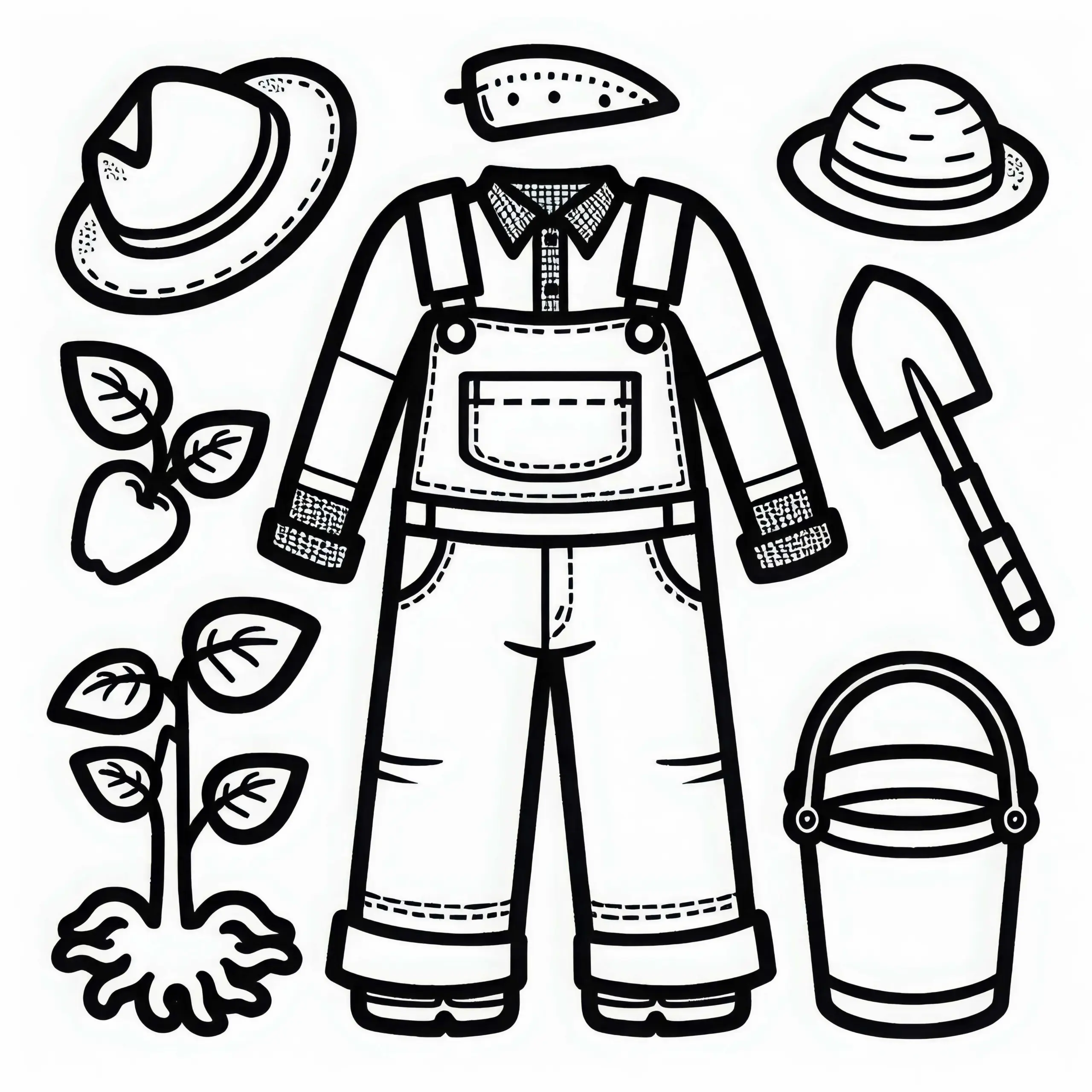 Arbeitskleidung eines Landwirts – Malvorlage gratis (Ausmalbild)