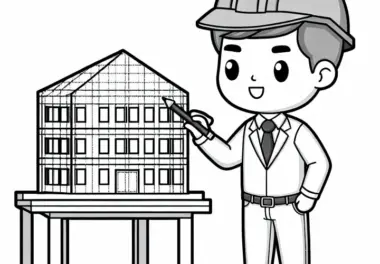 Architekt präsentiert 3D-Modell eines Gebäudes – Malvorlage kostenlos