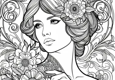 Art Nouveau Frau mit Blumenornamenten – Ausmalbild für Erwachsene Gratis