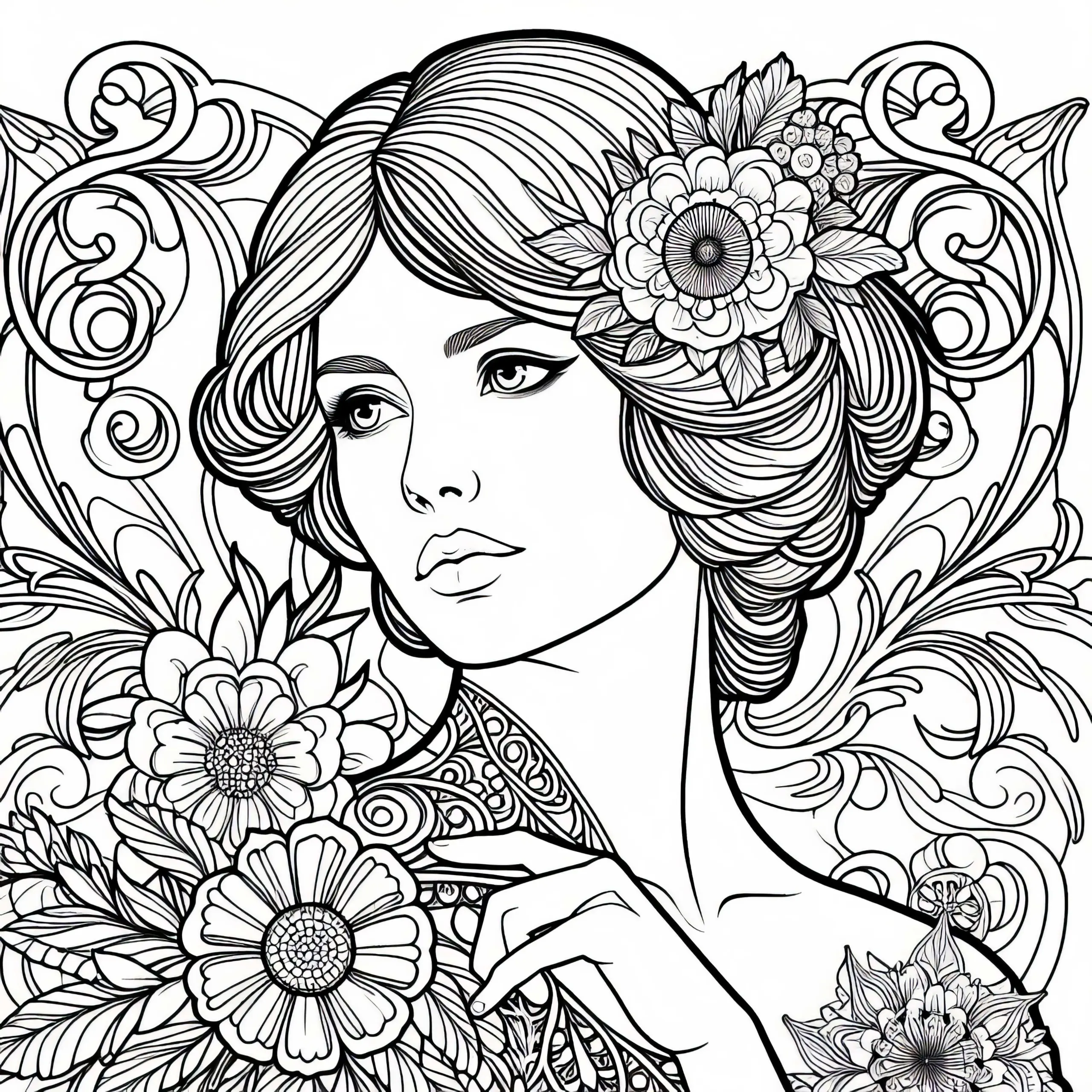 Art Nouveau Frau mit Blumenornamenten – Ausmalbild für Erwachsene Gratis