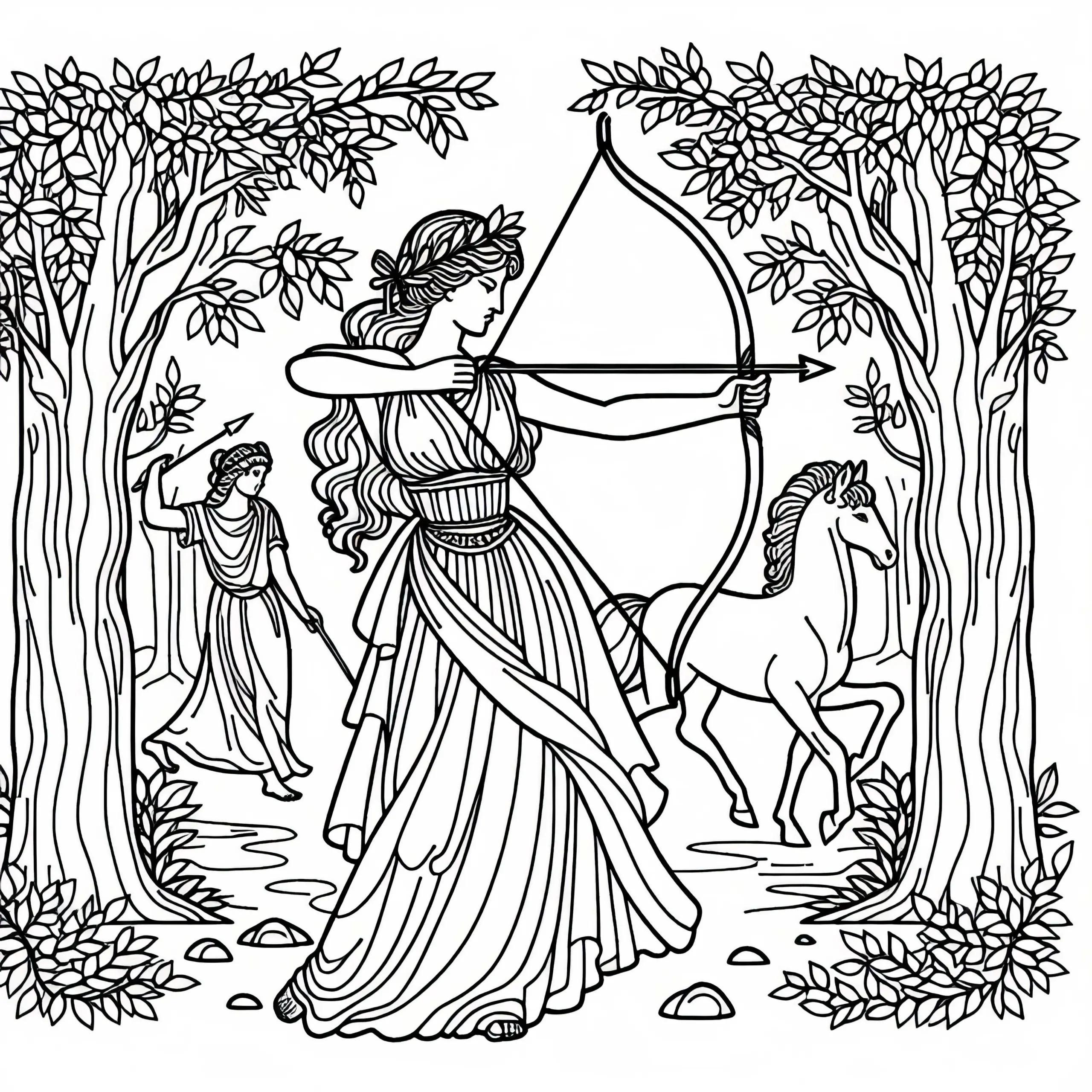 Artemis mit Bogen und Pfeilen im Wald – Ausmalbild der griechischen Mythologie