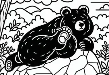Asiatischer Schwarzbär kratzt sich genüsslich an einem Felsen – Malvorlage gratis