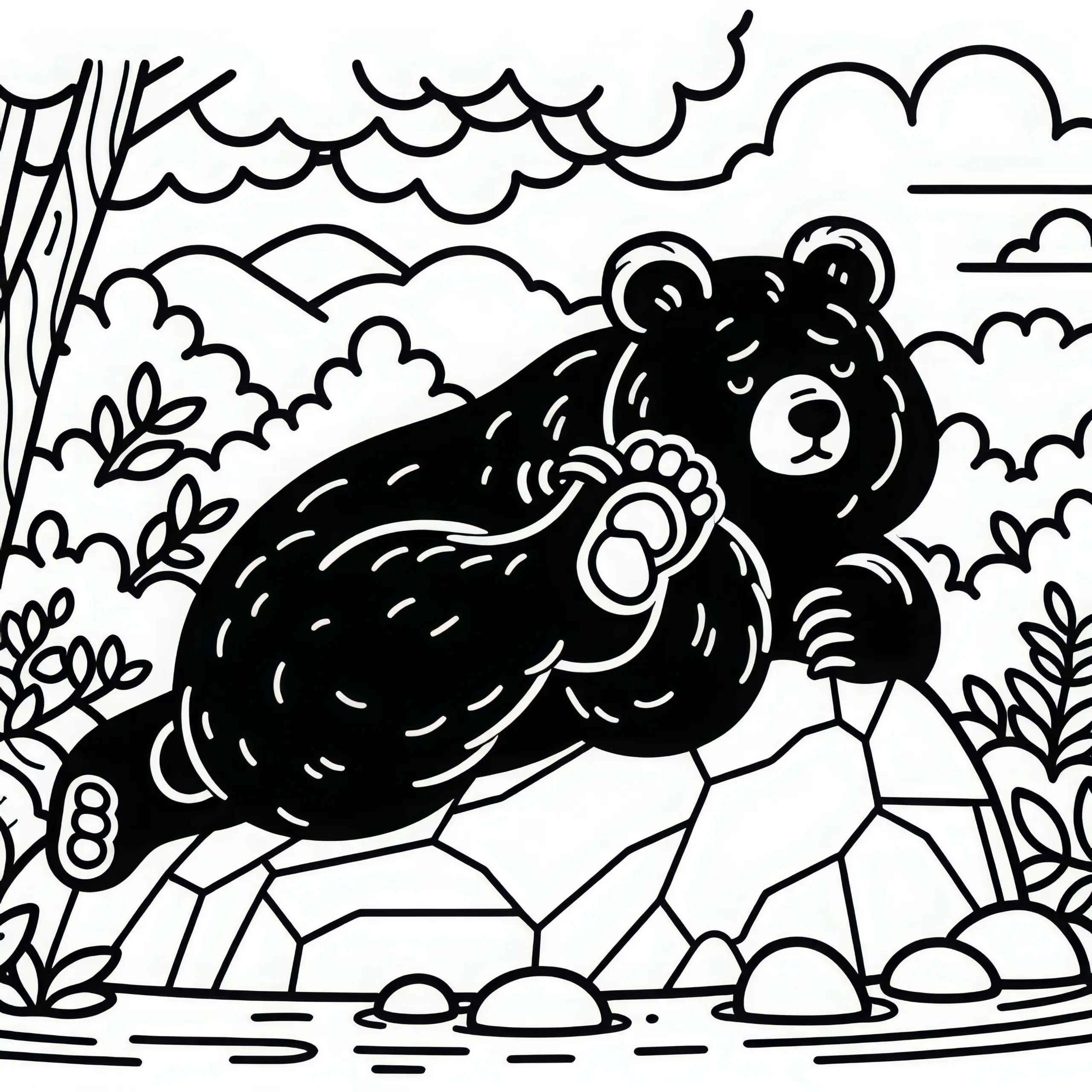 Asiatischer Schwarzbär kratzt sich genüsslich an einem Felsen – Malvorlage gratis (Ausmalbild)