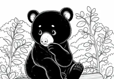Asiatischer Schwarzbär sitzt auf Baumstamm Malvorlage Kostenlos