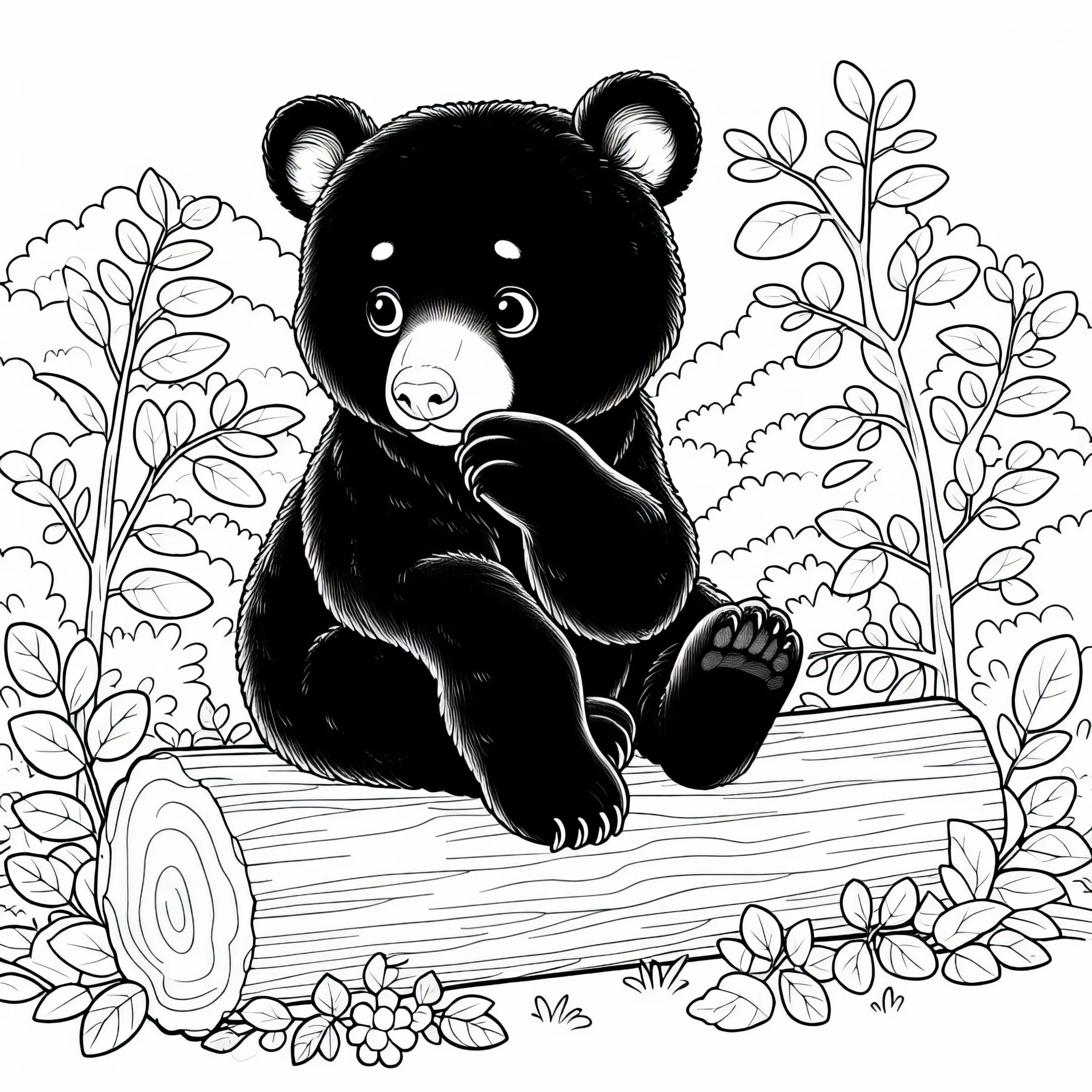 Asiatischer Schwarzbär sitzt auf Baumstamm Malvorlage Kostenlos (Ausmalbild)